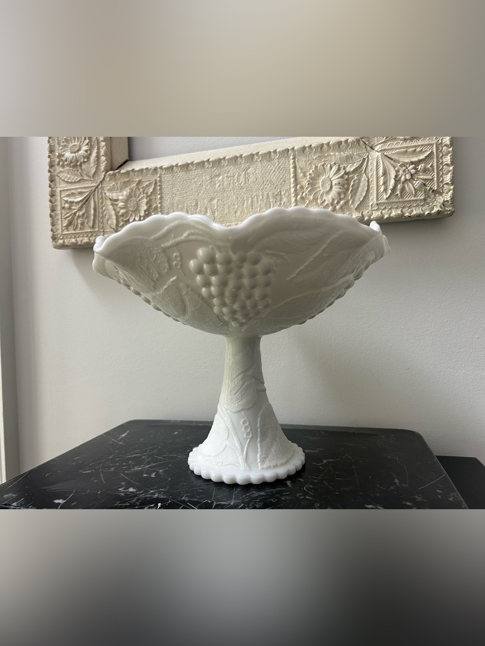 Milk Glass White Pedestal Compote Grape Leaf Smith Fruit Display Wedding Decor
